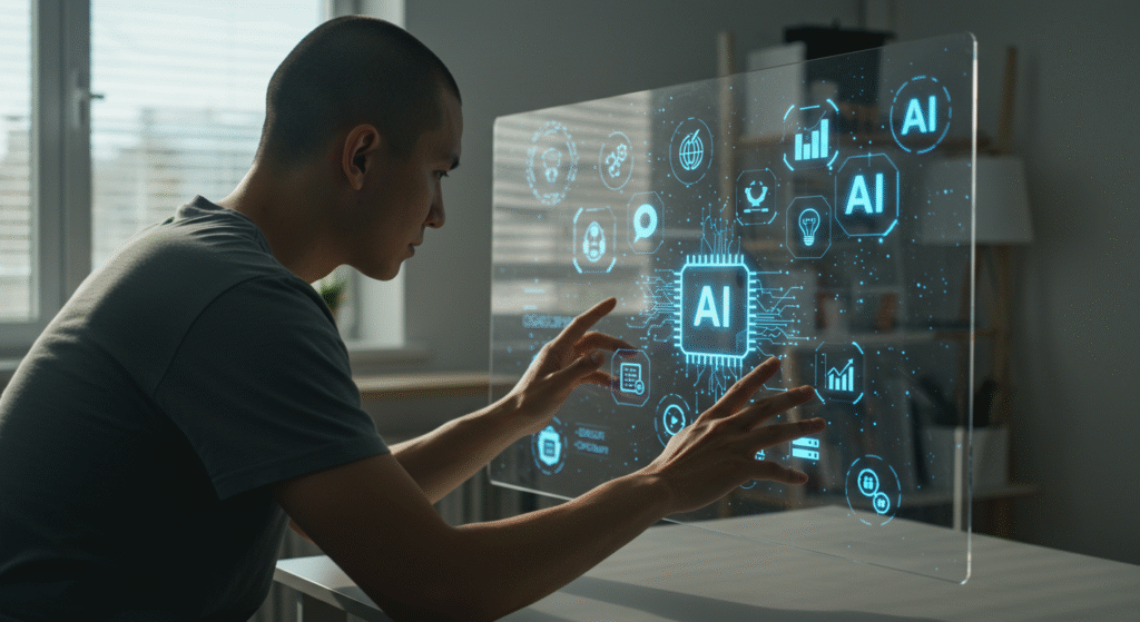 Image_fx (18) Uma pessoa interagindo com uma interface futurista cheia de ícones de ferramentas de inteligência artificial.